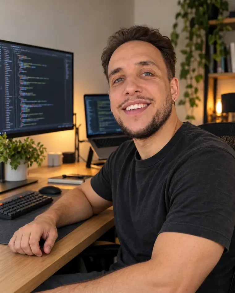 Chema en su escritorio, con el código en pantalla